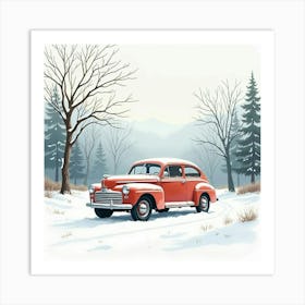 Elegant Vehicle In A Peaceful Winter Landscape, Watercolor Painting 1 Art Print