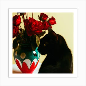 Black Cat With Red Roses Art Print