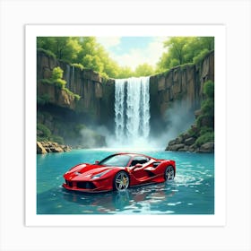 A Ferrari By A Watercolor Waterfall Cascading Into A Tranquil Pool 1 Art Print