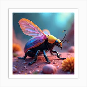 A Whimsical Beetle With Iridescent Wings Crawling Over A Vibrant, Neon Landscape Art Print