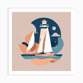 Sailboats And Lighthouse Art Print