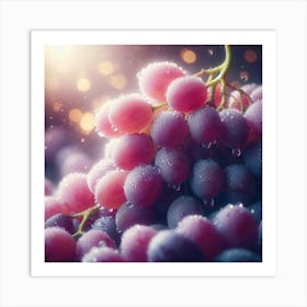 A close-up photograph of a bunch of ripe, juicy grapes, glistening with water droplets, against a soft, out-of-focus background, with a warm glow of sunlight shining through the edges of the image. Art Print