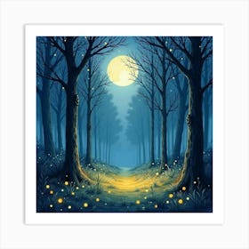 Fairy Lights In A Moonlit Forest, Watercolor 1 Art Print