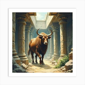 Watercolor The Minotaur In A Labyrinthine, Ancient Scene 1 Art Print