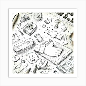 Social Media Icons Hand Drawn Sketch Art Print