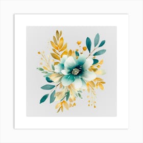 Watercolor Gold And Teal Bouquets 1 Art Print