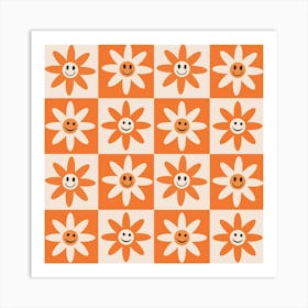 Checkered Orange and White Smiling Flowers Art Print