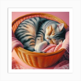 Cat Sleeping In A Basket Art Print