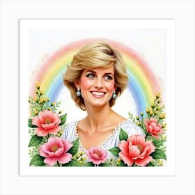 Watercolor Scene Of Smiling Princess Diana Amid Blooming Flowers And Rainbows 1 Art Print