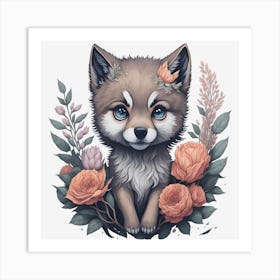Cute Floral Wolf (6) Art Print