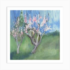 Apricot Blossom - hand painted square landscape impressionist blue green nature garden living room bedroom Art Print