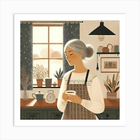 Old Lady In The Kitchen with a Cup of Coffee and Apron Art Print