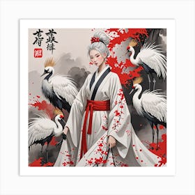 Asian Girl With Cranes Art Print