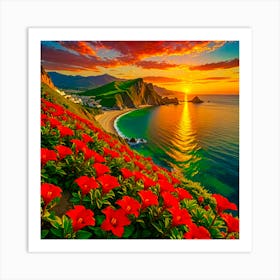 Sunset With Red Flowers Art Print