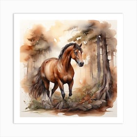 Watercolor Horse In The Forest Art Print