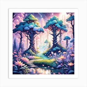 A Fantasy Forest With Twinkling Stars In Pastel Tone Square Composition 204 Art Print