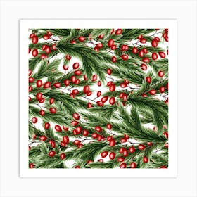 Fir Branches And Lingonberry Seamless Pattern on White Art Print