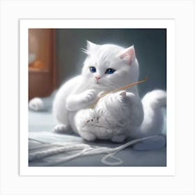 A Little White Cat Playing With Knitting Art Print