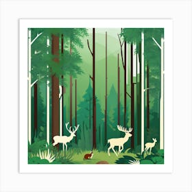 Deer In The Forest, A Serene Forest Landscape With Wildlife Living In Harmony 1 Art Print