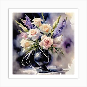 Watercolor Roses In A Vase Art Print