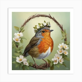 Bird With A Flower Crown European Robin Art Print 2 Art Print