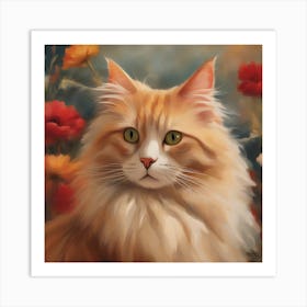 Orange Cat In Flowers Art Print