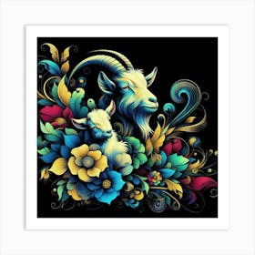 Goat And Flowers 2 Art Print