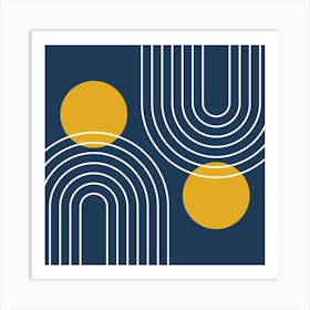 Mid Century Modern Geometric In Navy Blue And Mustard Yellow (Rainbow And Sun Abstract) 02 Art Print