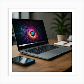 Laptop On A Wooden Table Art Print