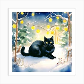 Black Cat In The Snow Art Print