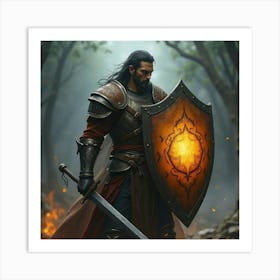 A Warrior With An Enchanted Shield Glowing In Battle 1 Art Print