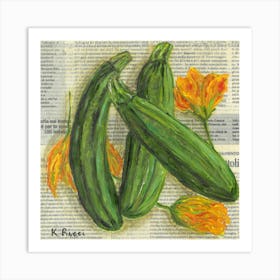 Zucchini On Newspaper Vegetable Kitchen Rustic Food Painting Art Print