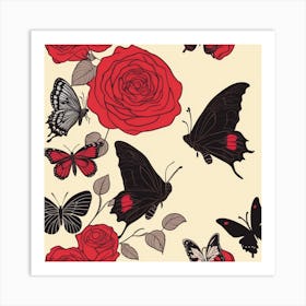 Red Roses And Butterflies Art Print