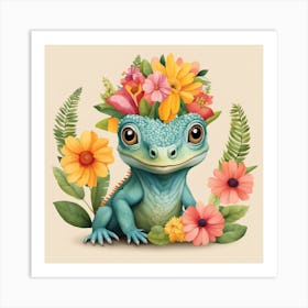 Floral Baby Iguana Nursery Illustration (7) Art Print