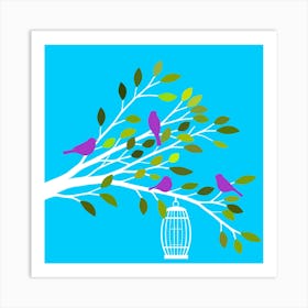 Birds Silhouettes Floral Branch Tree Sheets Green Blue Design Art Nature Art Print