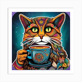 Cat With A Cup Of Tea Whimsical Psychedelic Bohemian Enlightenment Print 6 Art Print