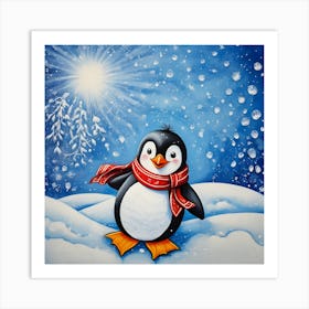 Playful Penguin Painting A Winter Wonderland Art Print