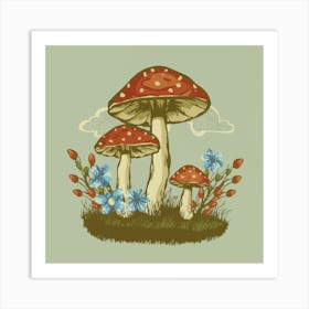 Mushrooms And Flowers, Vintage Americana, Retro Advertisements Style. Art Print