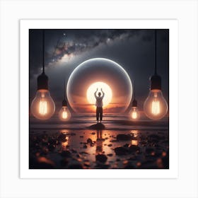 Man Standing On The Beach With Light Bulbs Art Print