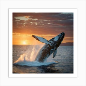 Humpback Whale Breaching At Sunset 16 Art Print
