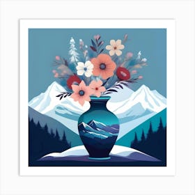 Vase With Flowers  Decorated with Snowy Landscapes, Blue with Peach, Red and White Flowers Art Print