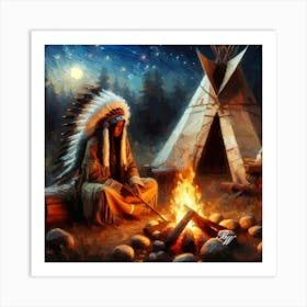 Native American Woman By The Campfire 3 Copy Art Print