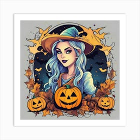 Halloween Girl With Pumpkins 2 Art Print