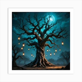 Ancient Tree With Lanterns Art Print