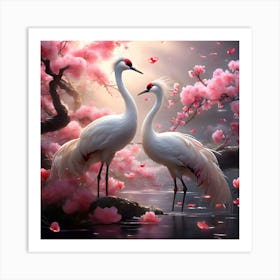 Two Cranes In Cherry Blossoms 2 Art Print