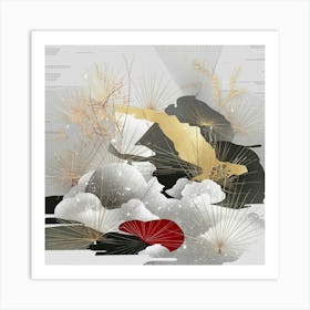 Captivating 8k Wabi Sabi Art: A Fusion of Minimalist Aesthetics and Ukiyo-e Influences – Serene 3D Render Illustration in Silver, Gold, White, Crimson Red, Black, and Gray Tones. Art Print