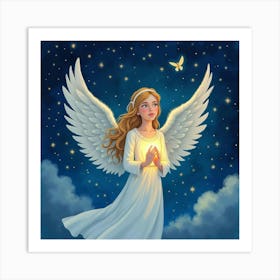 Angel With A Celestial Glow In A Watercolor Starlit Night 1 Art Print