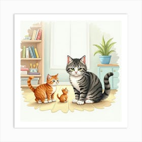 Curious Scottish Fold Cat Exploring A Watercolor Home With A Family 1 Art Print