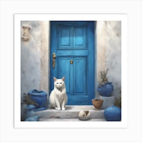 Greek Blue Door Cat 2 Art Print