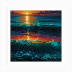 Oceans turquoise depths in hyperrealistic style, capturing the play of light and shadow, reflecting the vibrant hues of a tropical sunset. Art Print